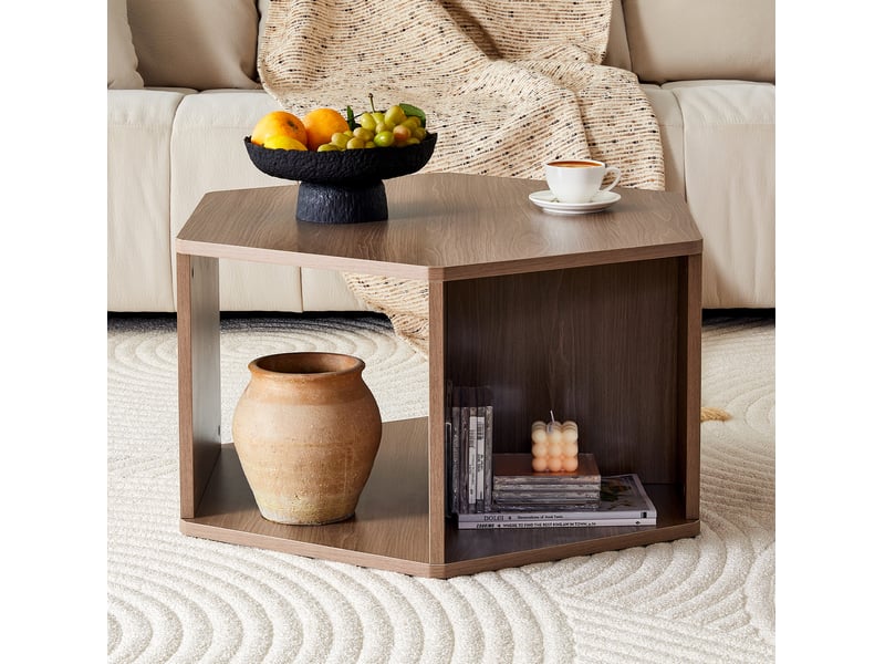  Table basse hexagonale avec pieds cylindriques, style moderne du milieu du siècle, en mdf finition noyer, marron  - Conforama B