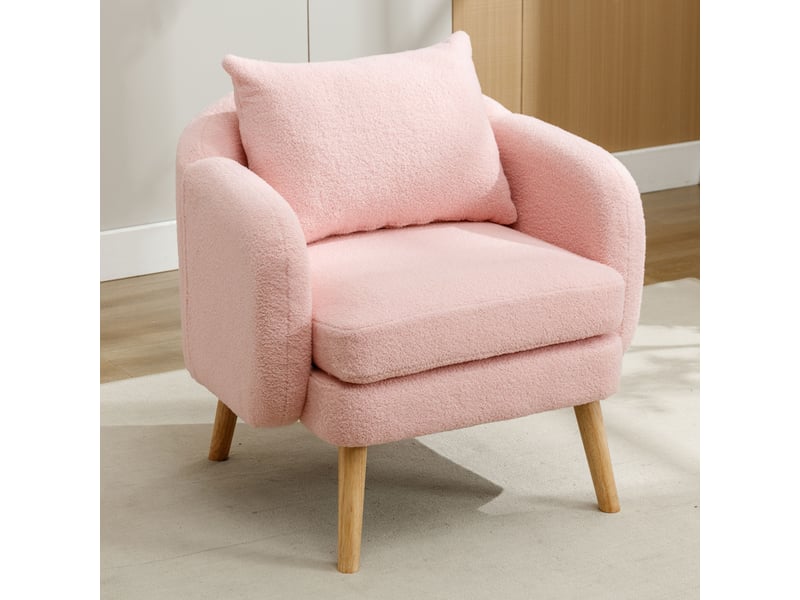  Fauteuil avec coussin dossier, assise épaisse 14 cm et support lombaire, en tissu teddy rose, 71 × 72 × 71 cm  - Conforama C