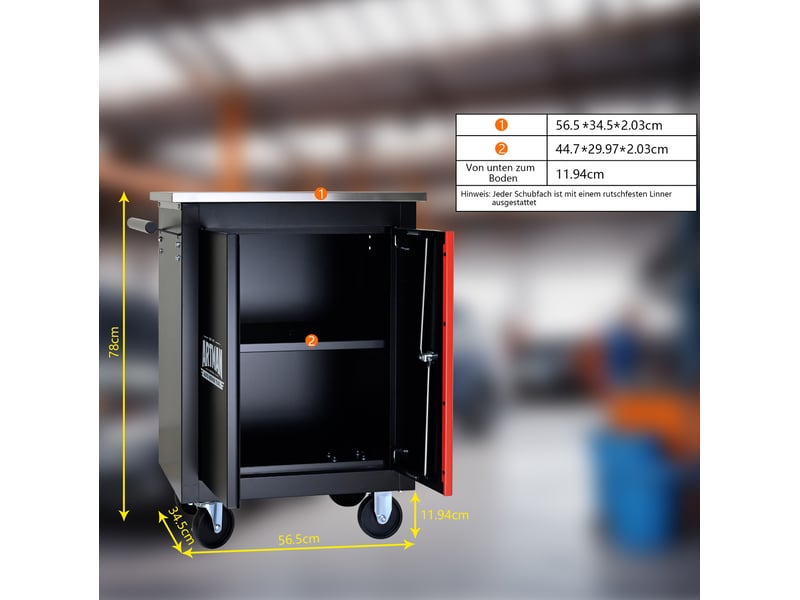  Meuble de rangement à roulettes avec 2 portes, serrure et plateau pour garage, acier noir et rouge, 62,5 × 34,5 × 78 cm  - Conforama E