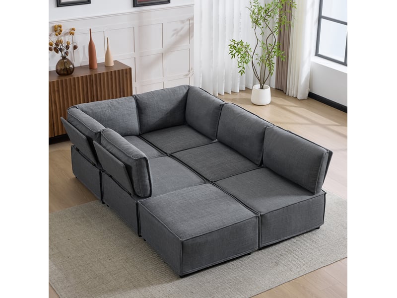  Canapé d'angle modulable modenvie 6 places convertible en couchage gris foncé 308 x 152 cm tissu en lin  - Conforama E
