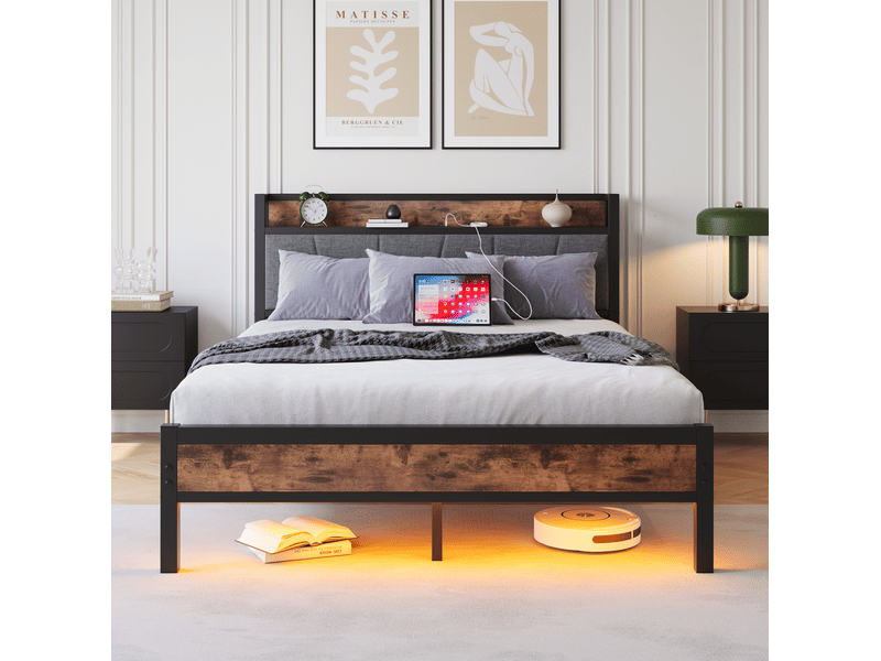  Lit 140x200 cm, marron antique, métal et mdf, led doté de rangement et usb, sans matelas  - Conforama D