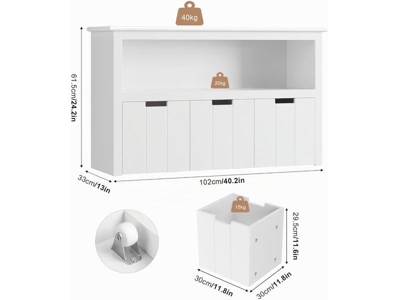  Meuble rangement jouet bibliothèque pour enfants étagère armoire de rangement avec 3 tiroirs roulants blanc 102x33x61.5cm  - Conforama C