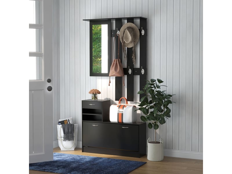  Porte-manteau d'entrée avec étagère à chaussures et miroir, en aggloméré, 90 x 10 x 102 cm, noir  - Conforama D