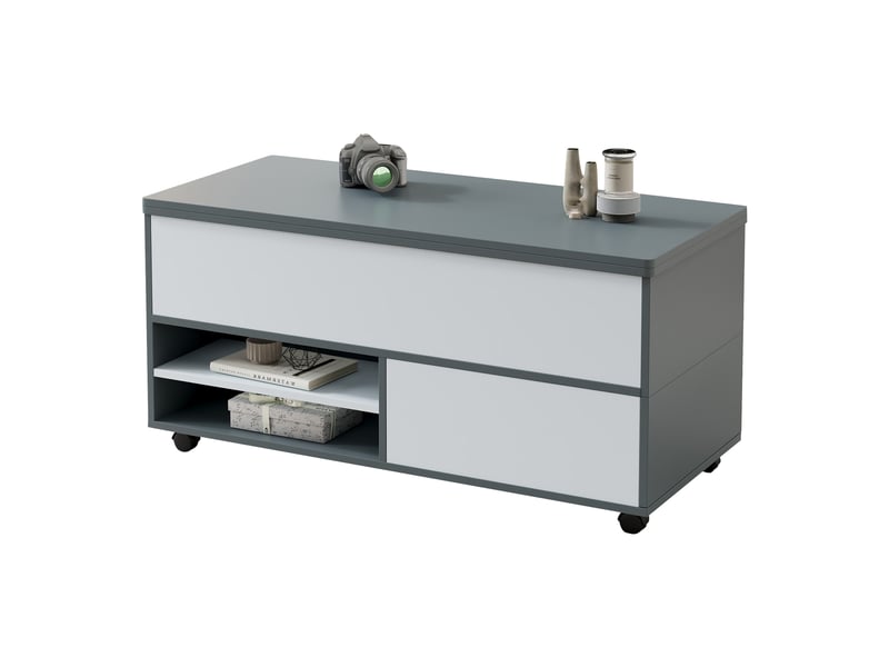 Table basse relevable 100x98x65 cm avec compartiments de rangement cachés, roulettes et tiroirs - Conforama A