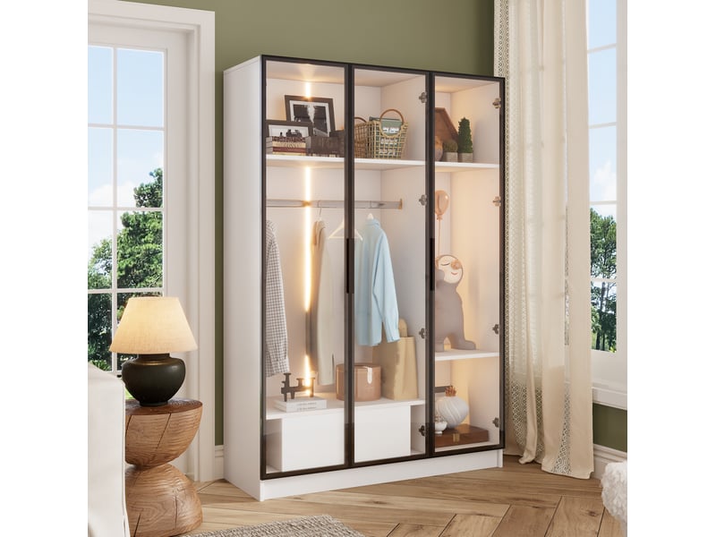  Armoire de rangement avec 3 portes vitrées, 1 tiroir, 1 tringle et led pour chambre et dressing, 110 × 50 × 160 cm  - Conforama B