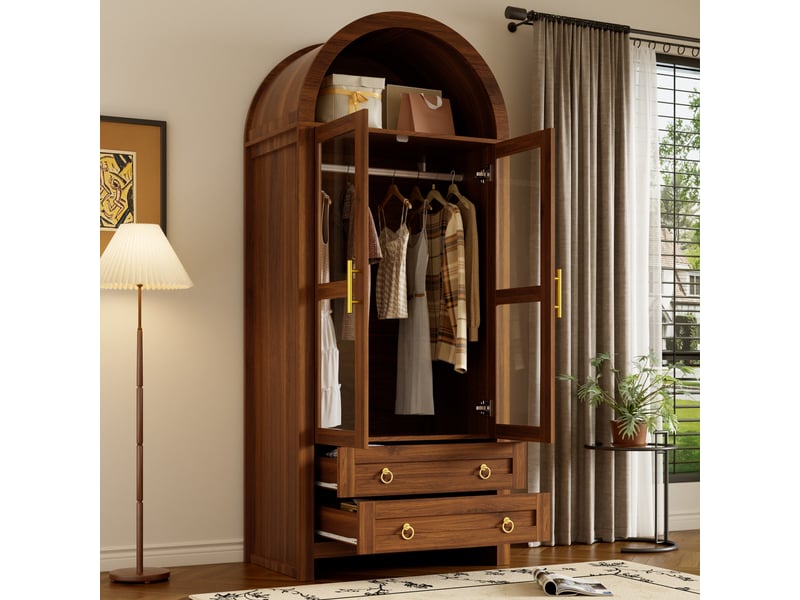  Armoire penderie 76x50x185 cm - 2 portes vitrées - 2 tiroirs - niche - led réglables - design arqué - mdf - noyer CozyNest - Conforama D