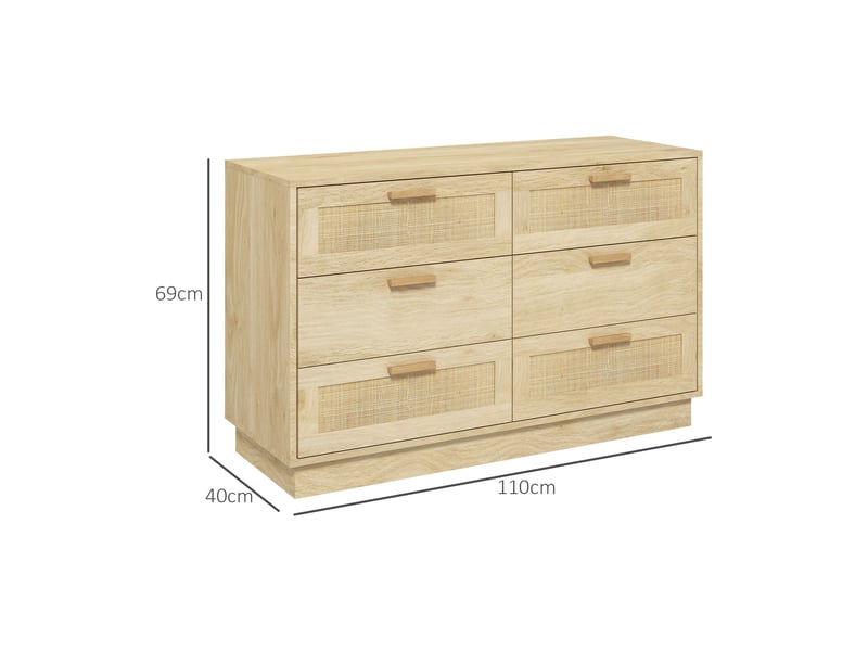  Commode design bohème en rotin avec 6 tiroirs, meuble de rangement pour le salon, le couloir, chêne, l'entrée  - Conforama C