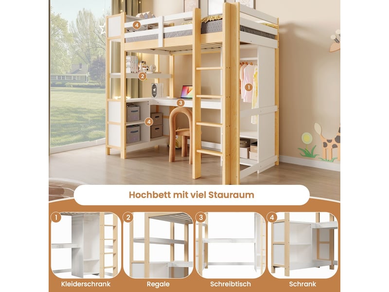  Lit mezzanine avec bureau 90 x 200 cm bureau lit 1 place étagères plusieurs compartiments meuble coloris naturel  - Conforama E