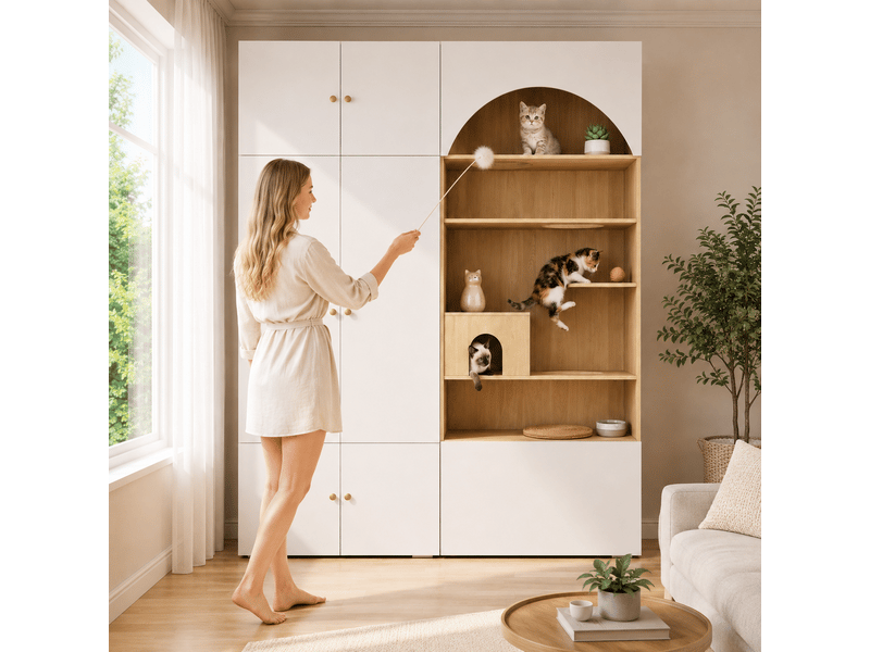  Vestiaire multifonction 2 en 1 et armoire avec mur d'escalade, 180x50x200 cm, blanc et aspect bois  - Conforama W