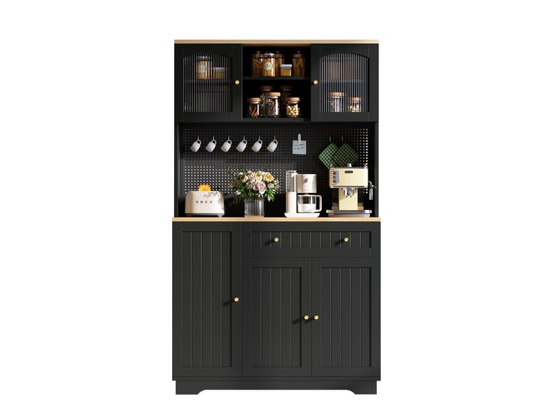  Vitrine 103 x 40 x 180 cm étagères réglables meuble de rangement porte vitrée panneau perforé finition noire format colonne  - Conforama A