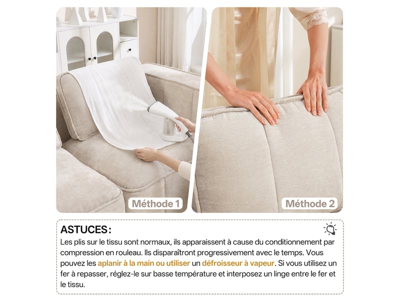 Canapé modulable d'angle en l,4 places avec 1 pouf,344x162x67cm,canapé à compression sans montage, mousse haute densité 32d,assise profonde,beige - Conforama R