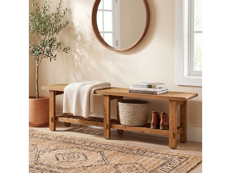  Banc en bois massif, banc de bout de lit de 160 cm style maison de campagne avec étagère, banc pour chambre, salon, entrée et couloir, brun rustique  - Conforama D