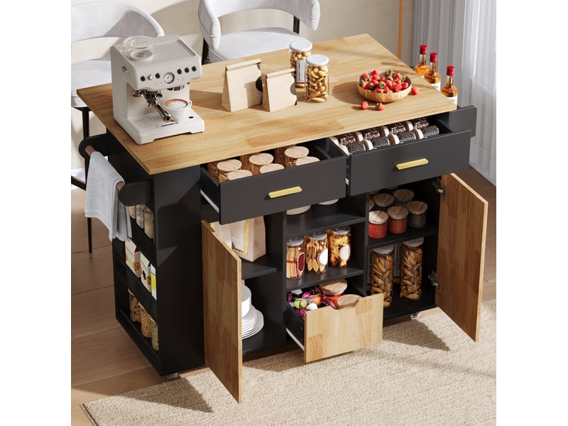 Desserte de cuisine 120x45(71)x90 cm plateau rabattable noir et naturel - Conforama D
