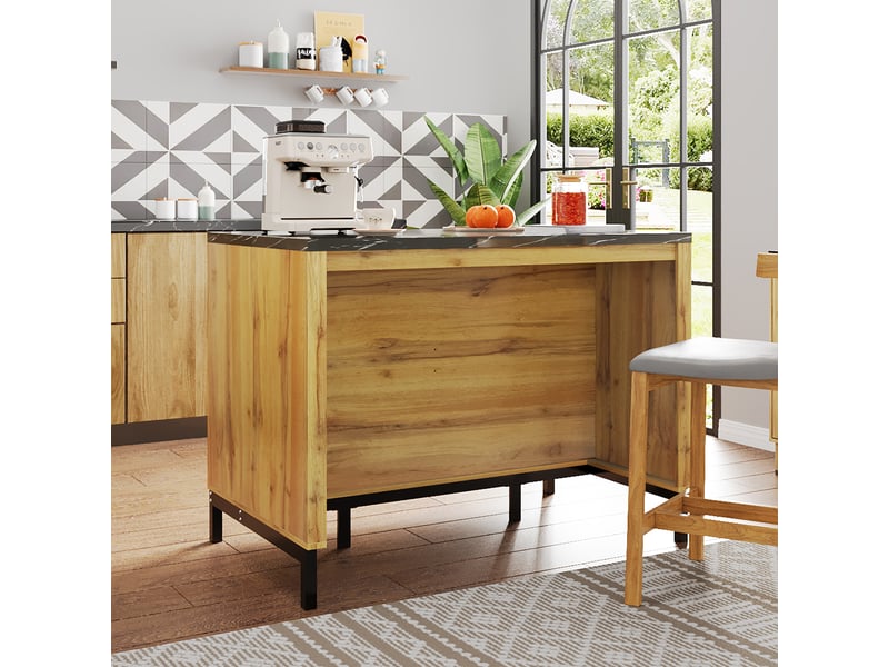  Îlot de cuisine 120cm avec 2 tiroirs et 4 étagères, table de bar style rustique en bois de chêne et marbre noir, meuble de rangement  - Conforama C
