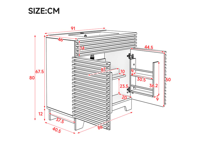 Meuble sous-vasque 91x46x80 cm – naturel – vasque céramique intégrée, portes soft-close et rangements - Conforama C
