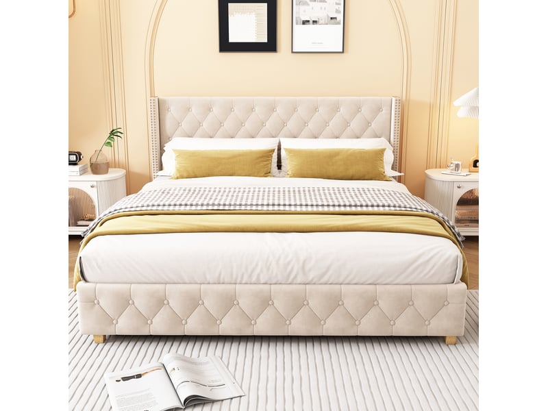  Modenvie lit capitonné 160x200 cm - velours, tête de lit capitonnée, sommier inclus - beige  - Conforama E