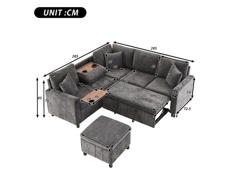  Canapé d'angle convertible 4 places en tissu gris avec tablettes, ports usb et type-c et lampe de lecture  - Conforama C