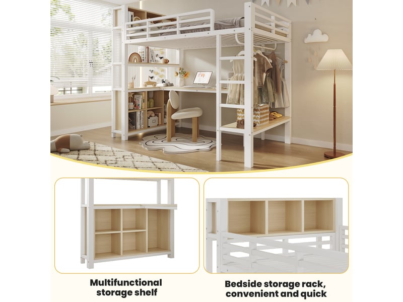  Lit mezzanine, 90 × 200 cm, blanc, bureau, penderie, étagères, sans matelas, métal, dimensions 228 × 95 × 190 cm  - Conforama C