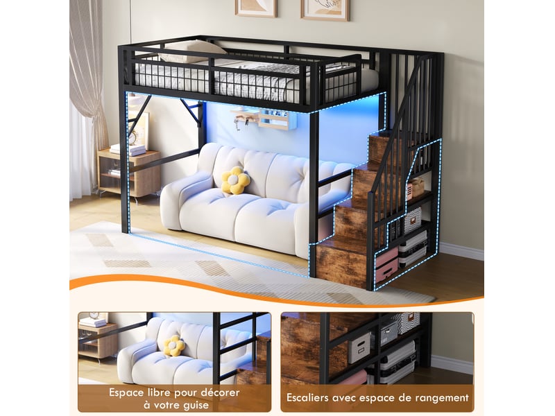  Lit mezzanine contemporain 90x200 cm, lit simple, lit enfant, marches de rangement, mdf et métal, noir, sans matelas  - Conforama E
