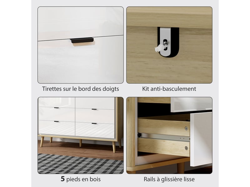 Commode 6 tiroirs, meuble de rangement à haute brillance, 5 pieds en bois, 110 x 40 x 75 cm, blanc et chêne  - Conforama R