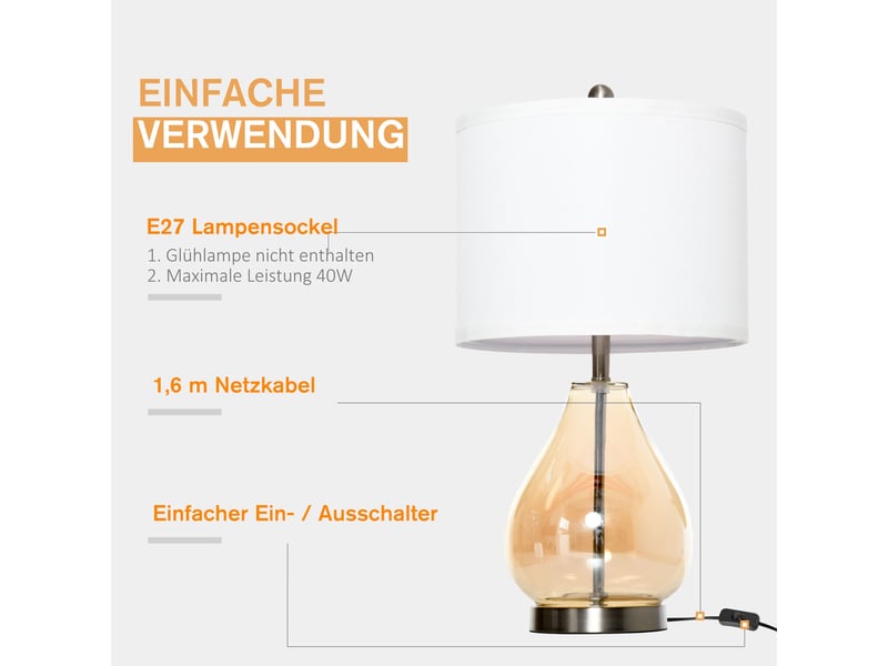  Lot de 2 lampes de table, lampe de chevet avec abat-jour en lin et tiges en verre en forme de goutte, douille e27, pour chambre ou salon, blanche  - Conforama E