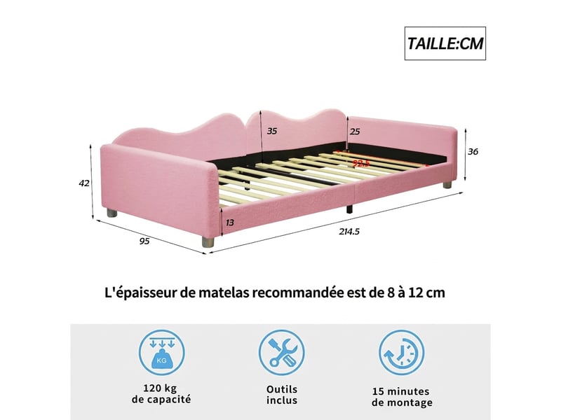  Lit enfant rose 90x200 capitonné tissu bouclette - canapé lit multifonctionnel avec dossier  - Conforama C