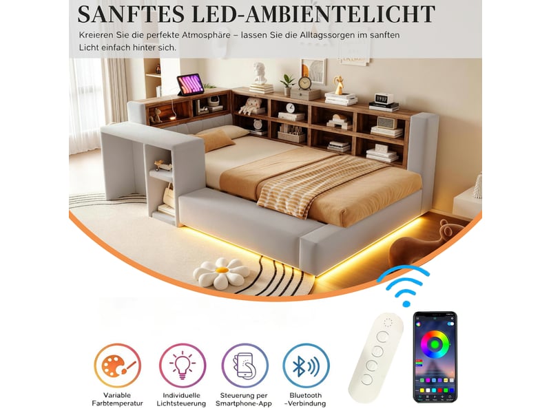  Lit rembourré 90x200 cm, rangements tête de lit, led, prises, table de chevet, velours gris clair, sans matelas  - Conforama D