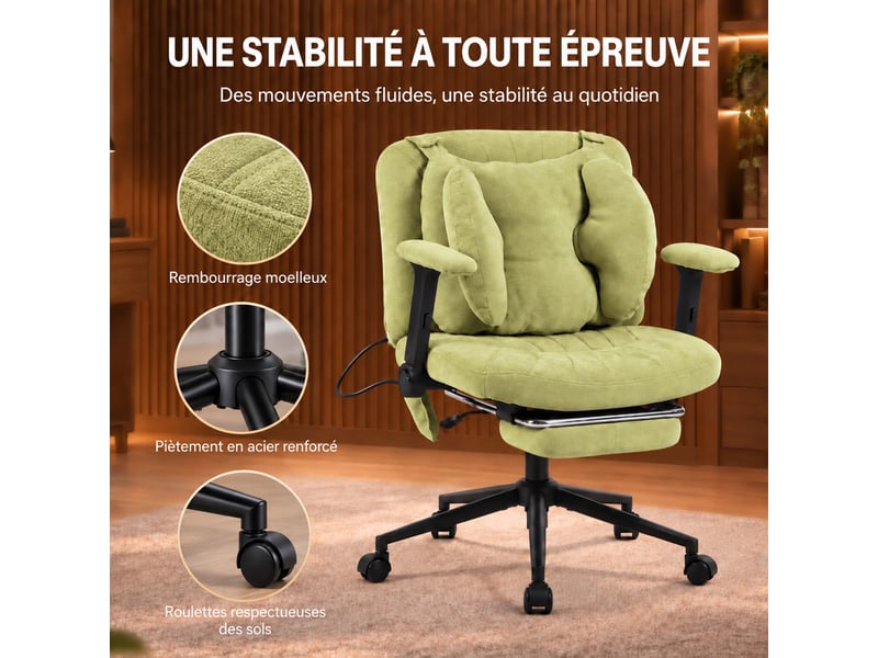  Fauteuil de bureau ergonomique en tissu respirant, coussin lombaire gonflable réglable, assise large pour s’asseoir, vert  - Conforama E