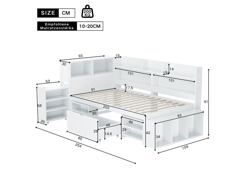  Lit enfant 90x200 cm avec tiroirs et bibliothèque intégrée - sommier inclus, blanc  - Conforama C