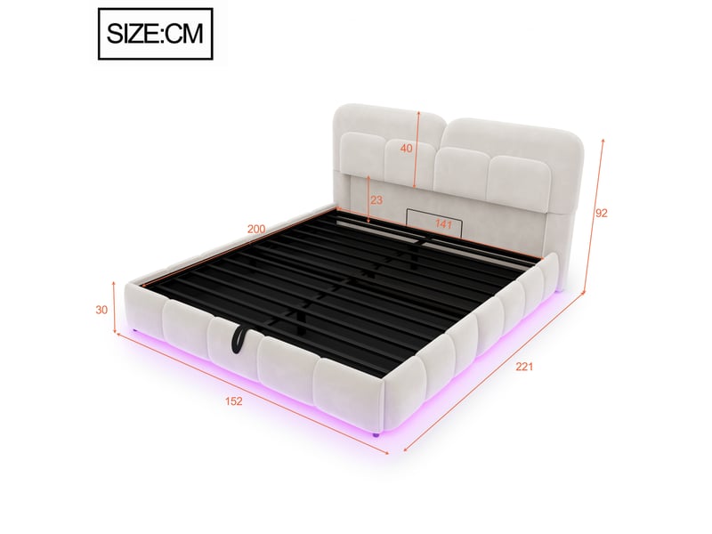  Lit double velours beige 140x200 cm avec rangement hydraulique, led et tête rembourrée  - Conforama C