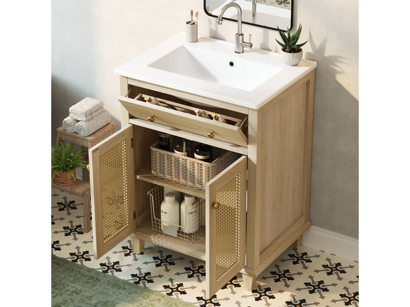 Meuble sous vasque avec tiroir basculant et rangements - lpospi - rotin, mdf, céramique naturel 61 × 47 × 87 cm - Conforama C