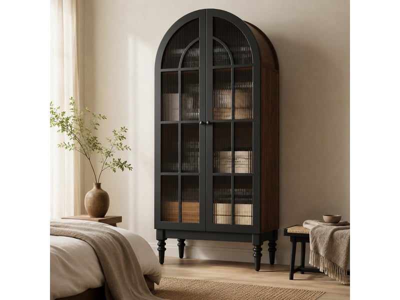  Vitrine haute avec portes vitrées et compartiments, effet bois noir, pour salon, en mdf, 76 × 35,5 × 165 cm  - Conforama B