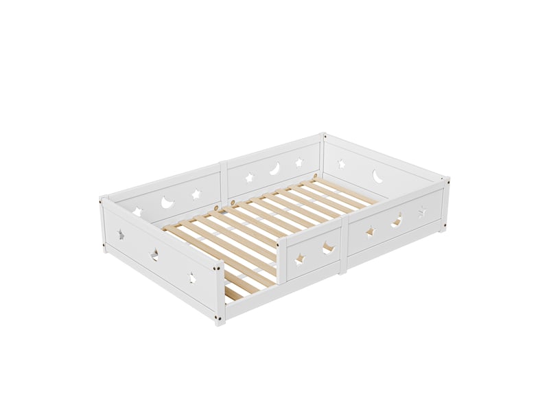  Lit enfant montessori 140x200 cm, lit simple, lit au sol avec barrière de sécurité et motif étoile, bois, blanc  - Conforama A