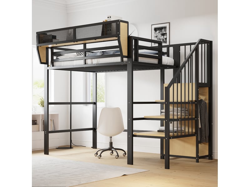  Lit mezzanine 90x200 cm avec échelle et rangement modulable noir et blanc  - Conforama D