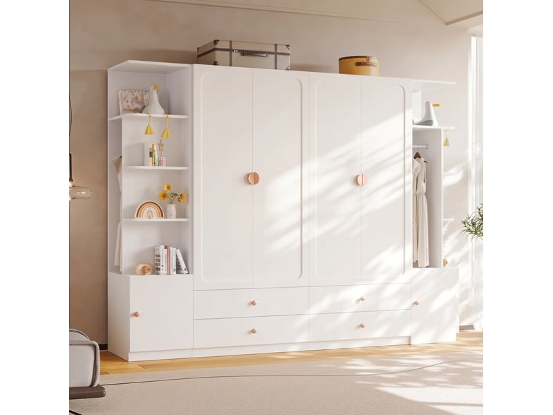 Armoire 6 portes avec 4 tiroirs et 4 penderies, rangement pour chambre en mdf, bois et acier blanc 270 × 45 × 200 cm - Conforama B