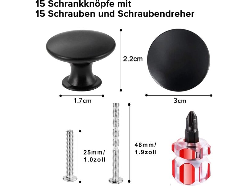  Jeu de 15 boutons noir mat de 30 mm, poignées en alliage de zinc pour armoires, avec vis et tournevis  - Conforama C