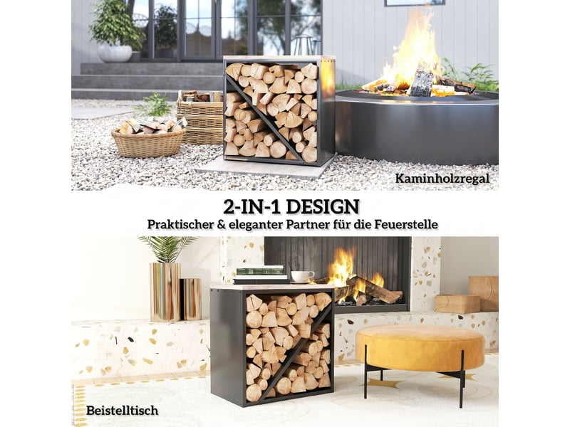  Porte-bûches intérieur 2 en 1, métal noir avec plateau en sapin, 58 x 36 x 60 cm  - Conforama R
