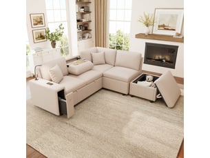 Canapé d'angle réversible convertible <strong></strong> <strong>Radiant Stride</strong> 5 places Tissu beige avec coffre de rangement