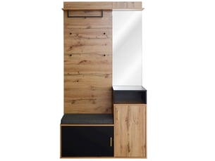 Vestiaire d'entrée avec banc miroir et 4 crochets noir et coloris bois 105x40x191.5 cm