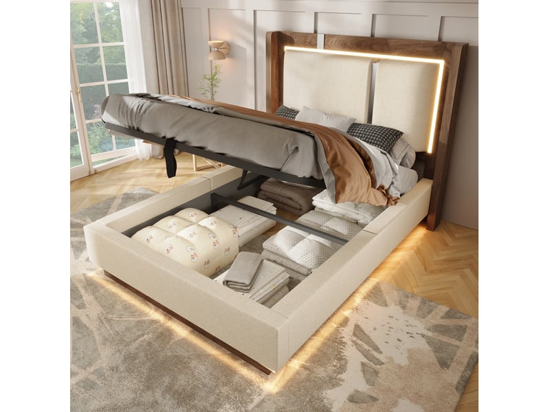  Lit coffre 90x200 cm éclairage led, en lin et bois beige et noyer  - Conforama D