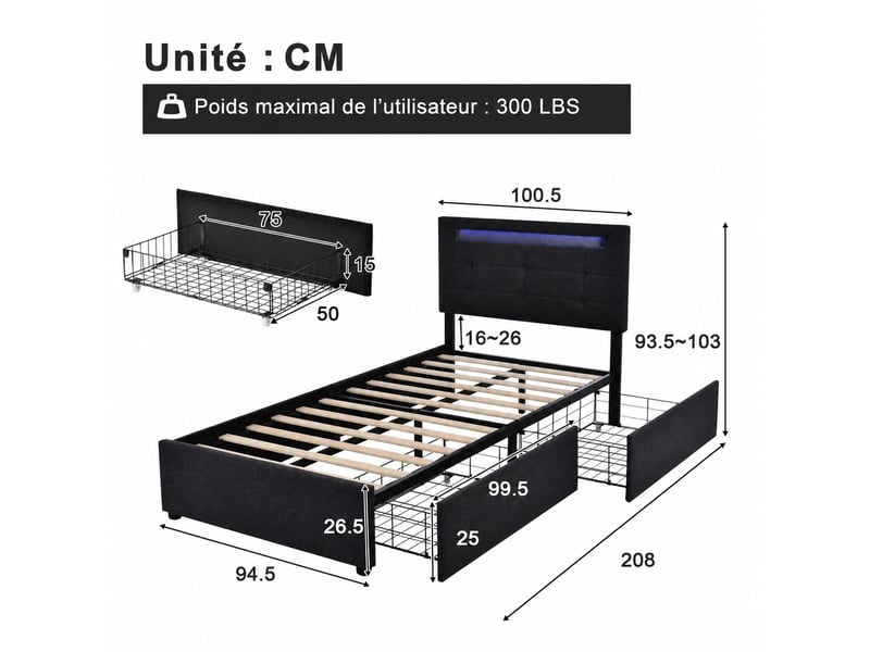  Lit 90x200 avec matelas et tiroirs, rembourré, led, noir  - Conforama C