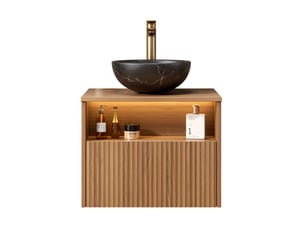 Meuble sous vasque suspendu avec 1 tiroir, niche, led et vasque en céramique noire, chêne brun 60 × 46 × 60,8 cm
