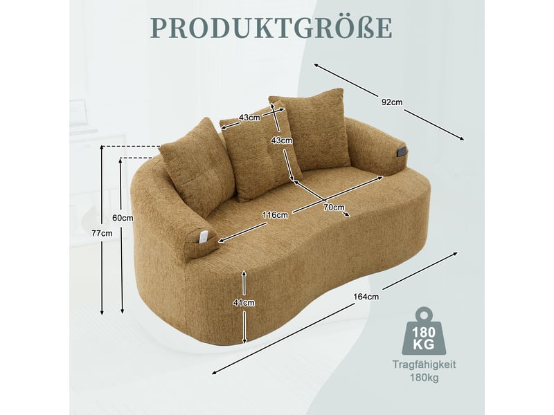  Canapé 2 places 164x92x60 cm, assise profonde en chenille jaune moutarde  - Conforama E
