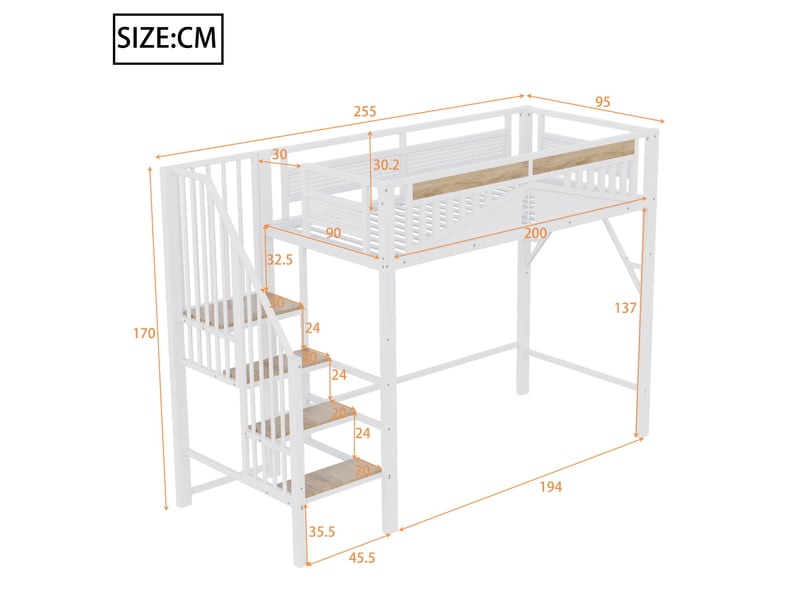 Lit mezzanine avec barrière sécurisée et fenêtre, métal blanc, 90x200 cm, échelle et espace libre dessous - Conforama C
