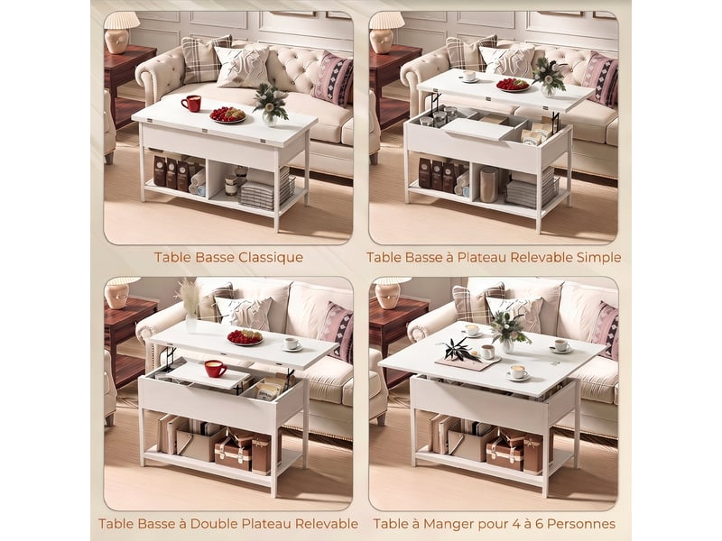  Table basse relevable et extensible, 98x49x55cm, table de salon avec compartiment caché étagères ouvertes, blanc  - Conforama D