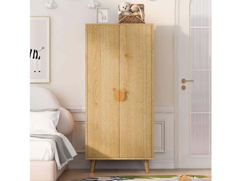  Armoire 2 portes avec penderie et rangement bas, poignées fantaisie, pieds surélevés en mdf bois clair 70 × 55 × 170 cm  - Conforama D