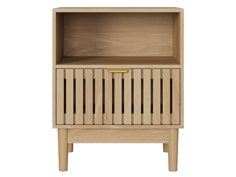  Table de chevet 45x39x56,5 cm avec 1 tiroir en mdf chêne clair, design à lattes, meuble de rangement pour chambre, salon  - Conforama A