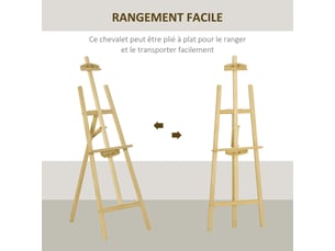 Chevalet d'artiste sur pieds dim. 51,5l x 71,5l x 134,5h cm inclinaison réglable hauteur 90° max. Bois de pin