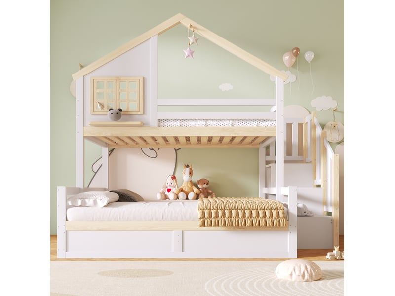  Lit superposé enfant 90x200 et 140x200 cm blanc et naturel avec rangement hydraulique  - Conforama D
