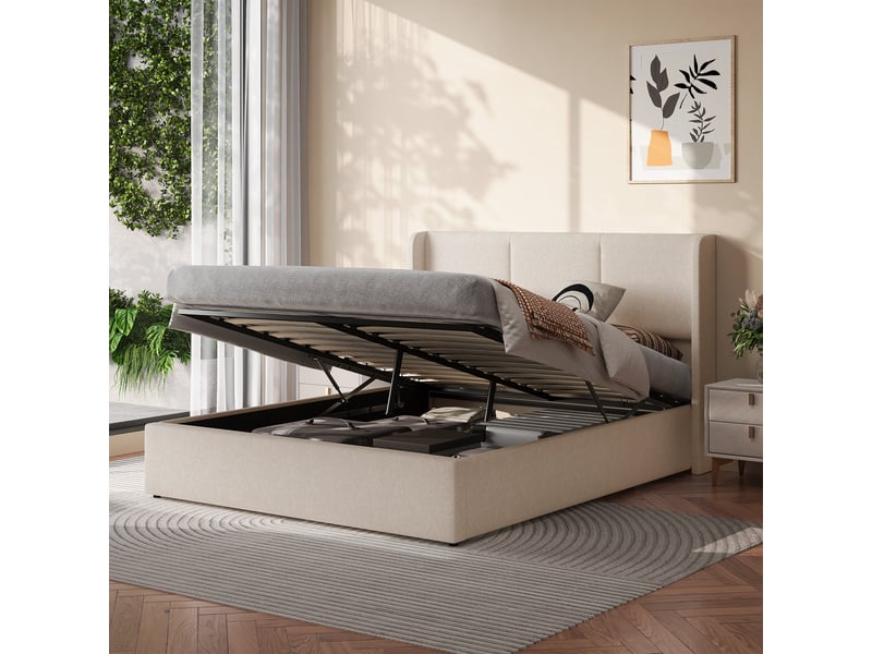  Lit coffre 160x200 cm rembourré tissu lin beige, tête de lit à oreilles, système hydraulique, grand espace de rangement, sommier à lattes  - Conforama C